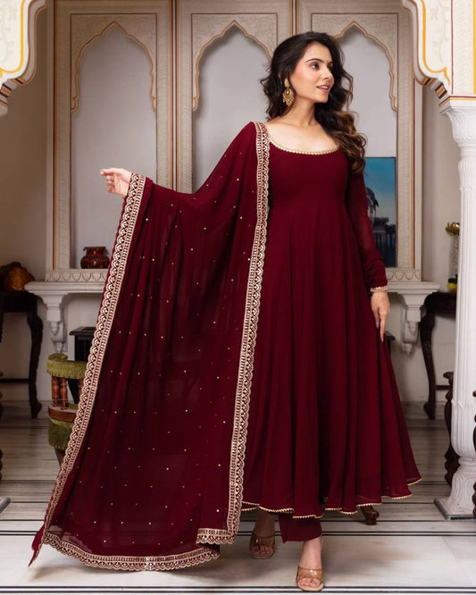 Elegant Heavy Faux Georgette Suit Set with Embroidery Work and Lace Detailing
