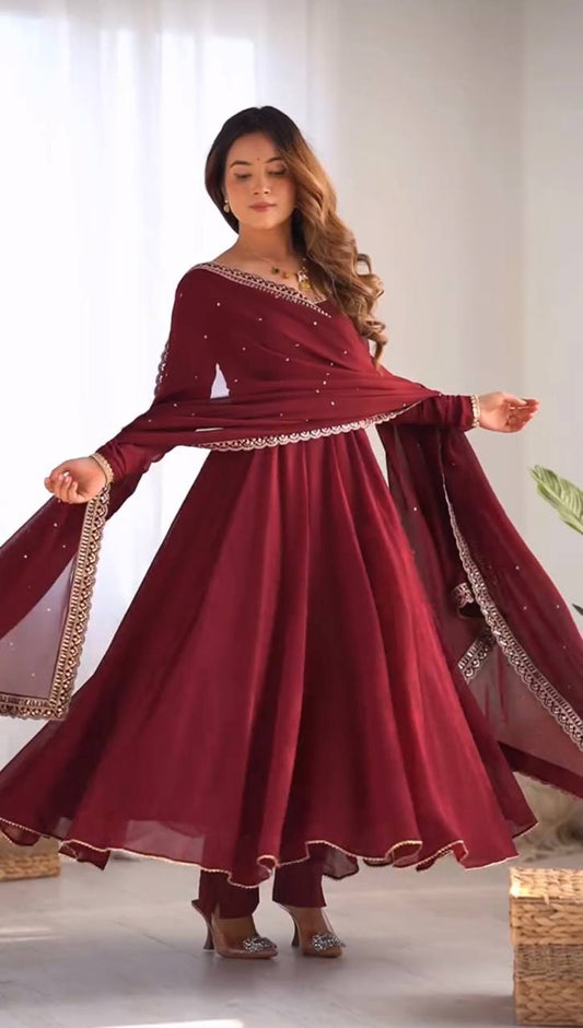 Elegant Heavy Faux Georgette Suit Set with Embroidery Work and Lace Detailing