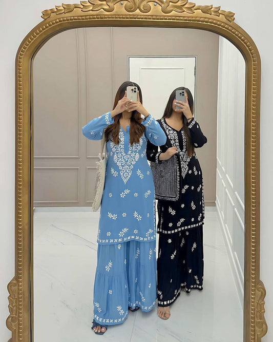 MASLIN TOP WITH COTTON THREAD EMBROIDERED WORK SHARARA