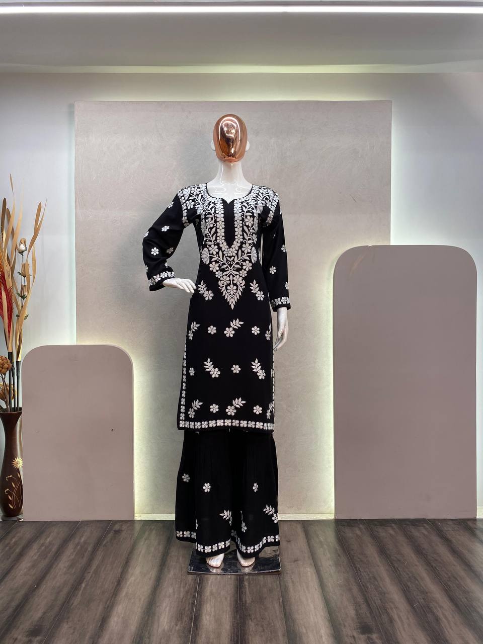 MASLIN TOP WITH COTTON THREAD EMBROIDERED WORK SHARARA