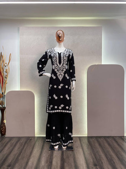 MASLIN TOP WITH COTTON THREAD EMBROIDERED WORK SHARARA