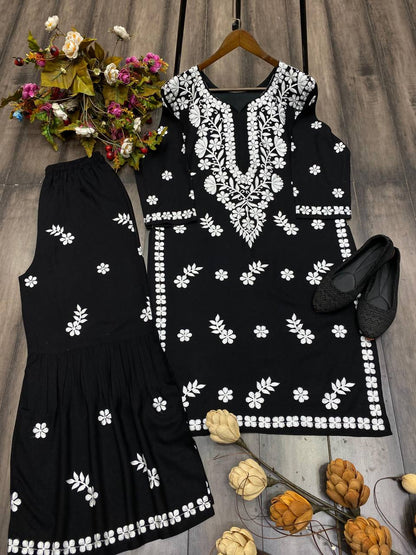 MASLIN TOP WITH COTTON THREAD EMBROIDERED WORK SHARARA