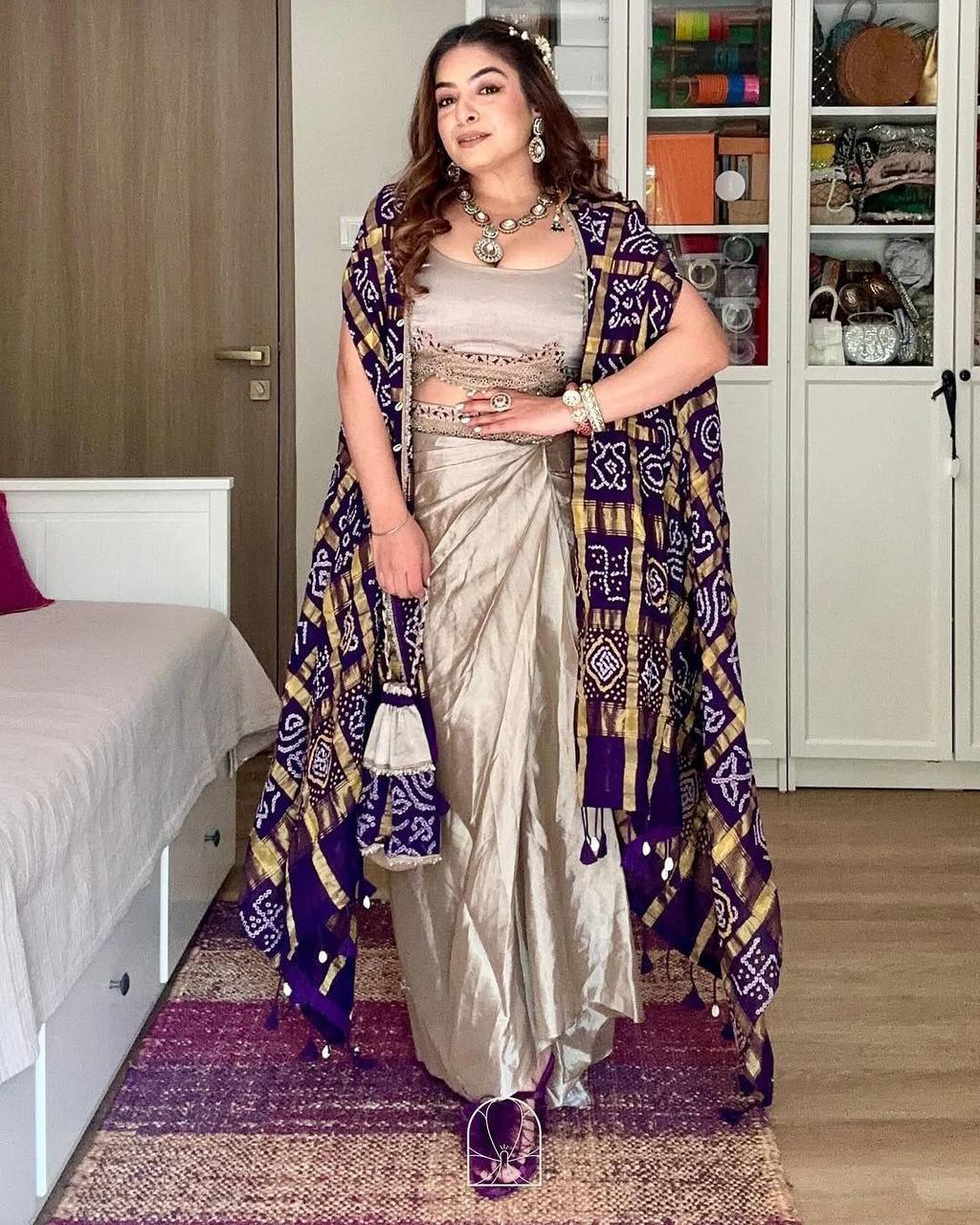 "Elegant Chinon Koti with Star Georgette Dhotis & Embroidered Blouse – Complete Set with Lace & Sequence Detailing"