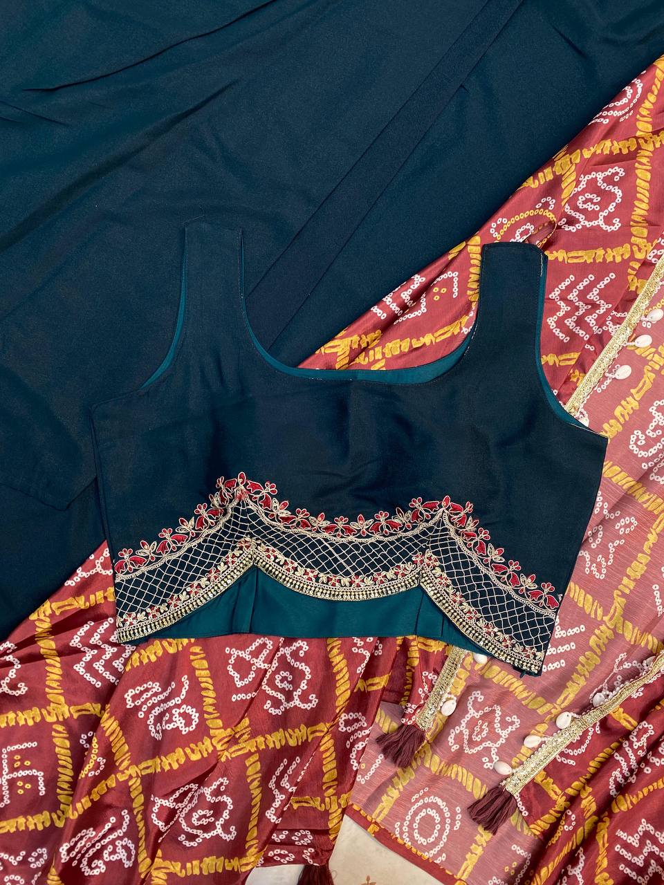 "Elegant Chinon Koti with Star Georgette Dhotis & Embroidered Blouse – Complete Set with Lace & Sequence Detailing"