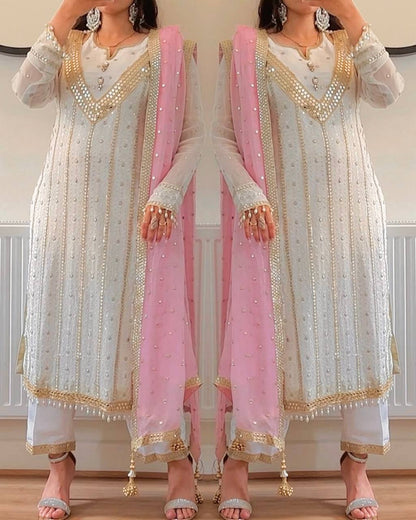 "Elegant Heavy Faux Georgette Embroidered Suit Set with Full Sleeves, Sequence Work, and Latkan Dupatta"