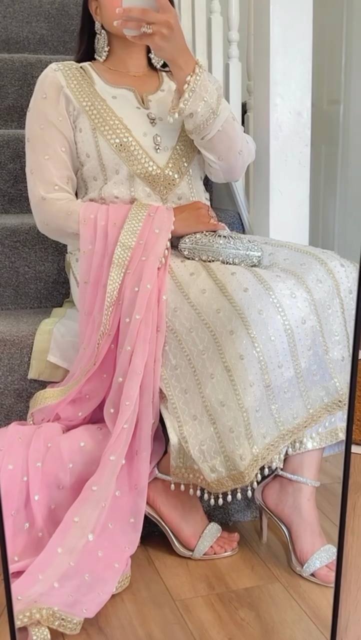 "Elegant Heavy Faux Georgette Embroidered Suit Set with Full Sleeves, Sequence Work, and Latkan Dupatta"