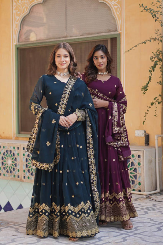 Elegant Faux Blooming Georgette Embroidered Gown Set with Dupatta