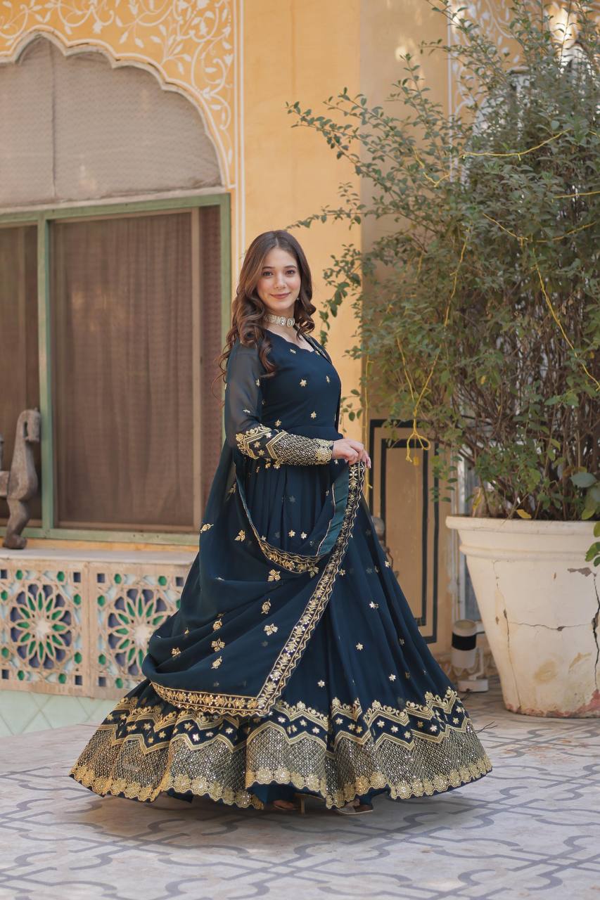 Elegant Faux Blooming Georgette Embroidered Gown Set with Dupatta
