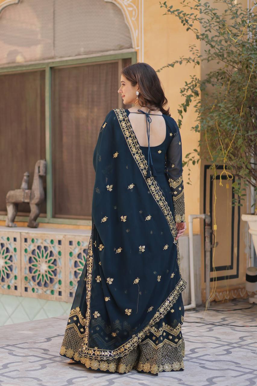 Elegant Faux Blooming Georgette Embroidered Gown Set with Dupatta