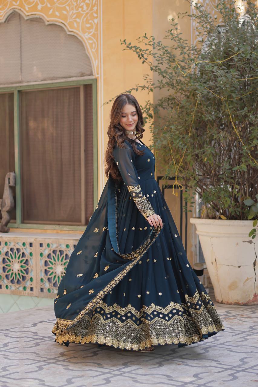 Elegant Faux Blooming Georgette Embroidered Gown Set with Dupatta