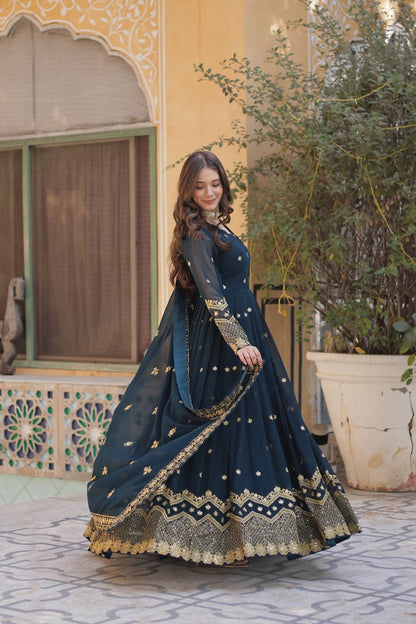 Elegant Faux Blooming Georgette Embroidered Gown Set with Dupatta