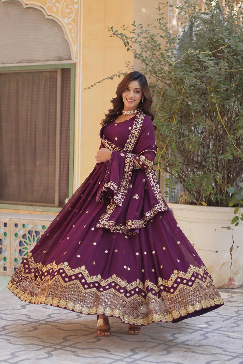 Elegant Faux Blooming Georgette Embroidered Gown Set with Dupatta