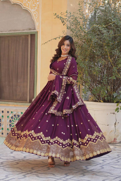 Elegant Faux Blooming Georgette Embroidered Gown Set with Dupatta