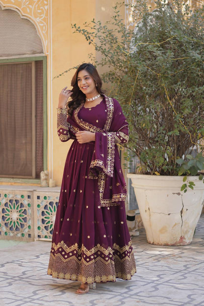 Elegant Faux Blooming Georgette Embroidered Gown Set with Dupatta