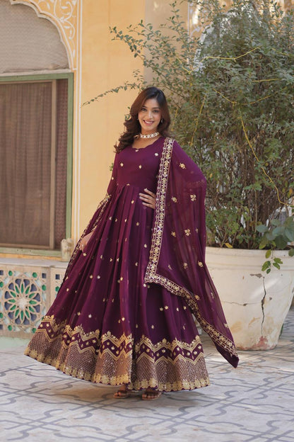 Elegant Faux Blooming Georgette Embroidered Gown Set with Dupatta