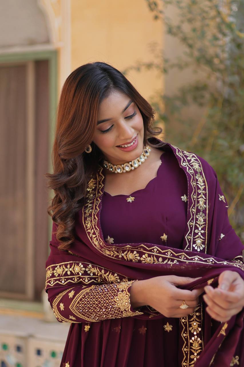 Elegant Faux Blooming Georgette Embroidered Gown Set with Dupatta