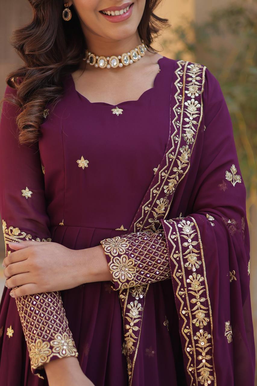 Elegant Faux Blooming Georgette Embroidered Gown Set with Dupatta