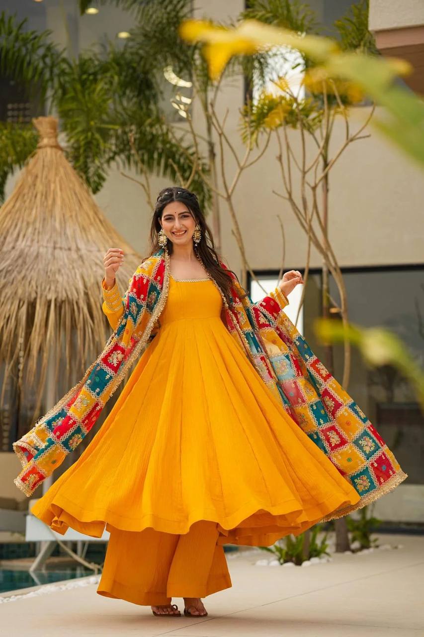 "Chinon Silk Elegance: Top, Plazo, and Dupatta Set"