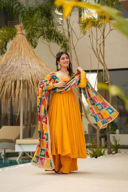 "Chinon Silk Elegance: Top, Plazo, and Dupatta Set"