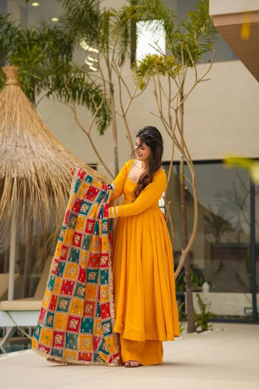 "Chinon Silk Elegance: Top, Plazo, and Dupatta Set"