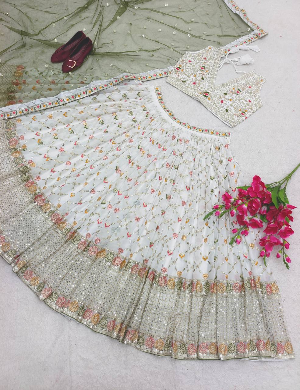 "Elegant Fox Georgette Lehenga Set with Siqwans Embroidery & Fancy Latkan Dori"