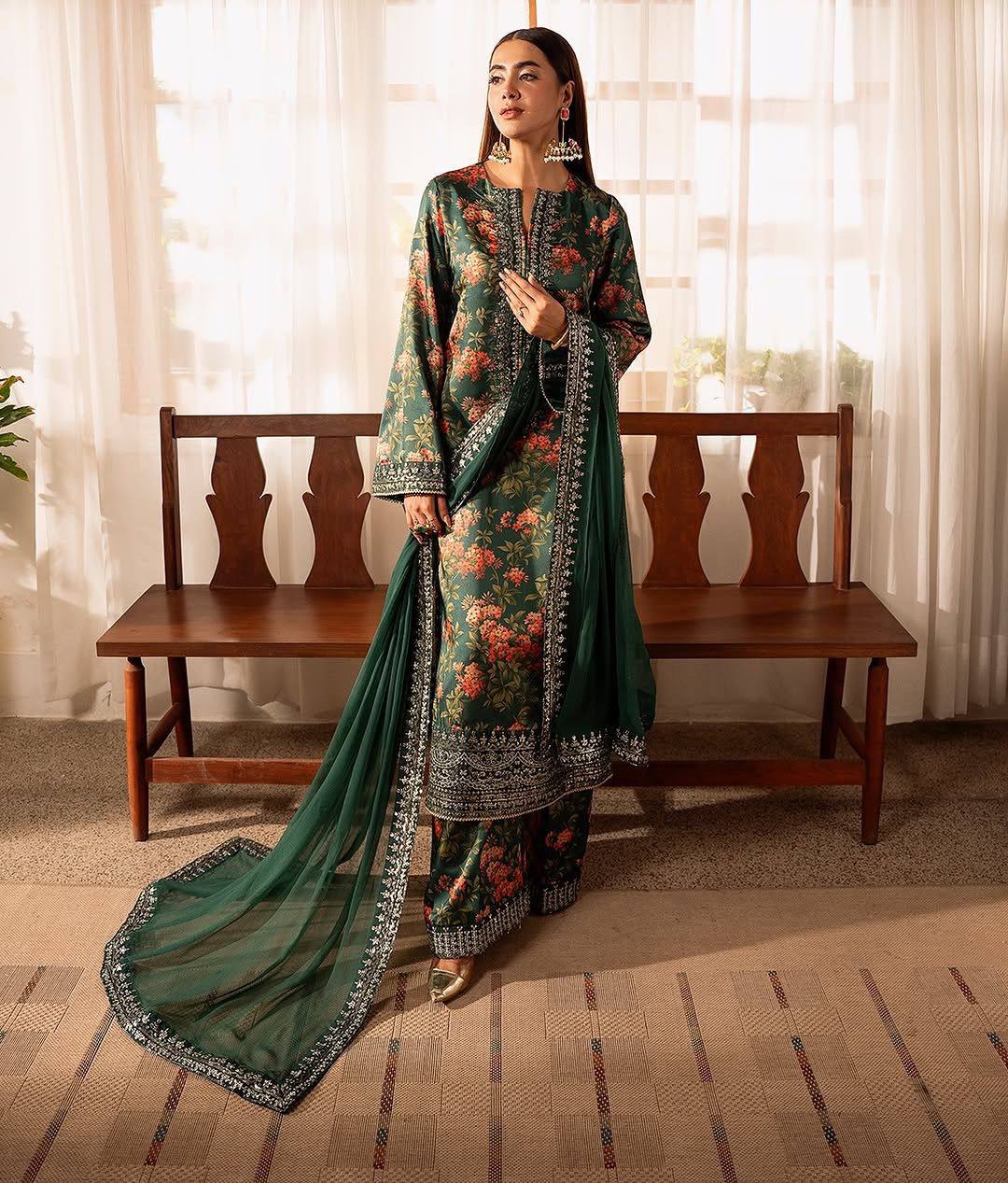 "Luxe Threaded Silk Set with Digital Print"