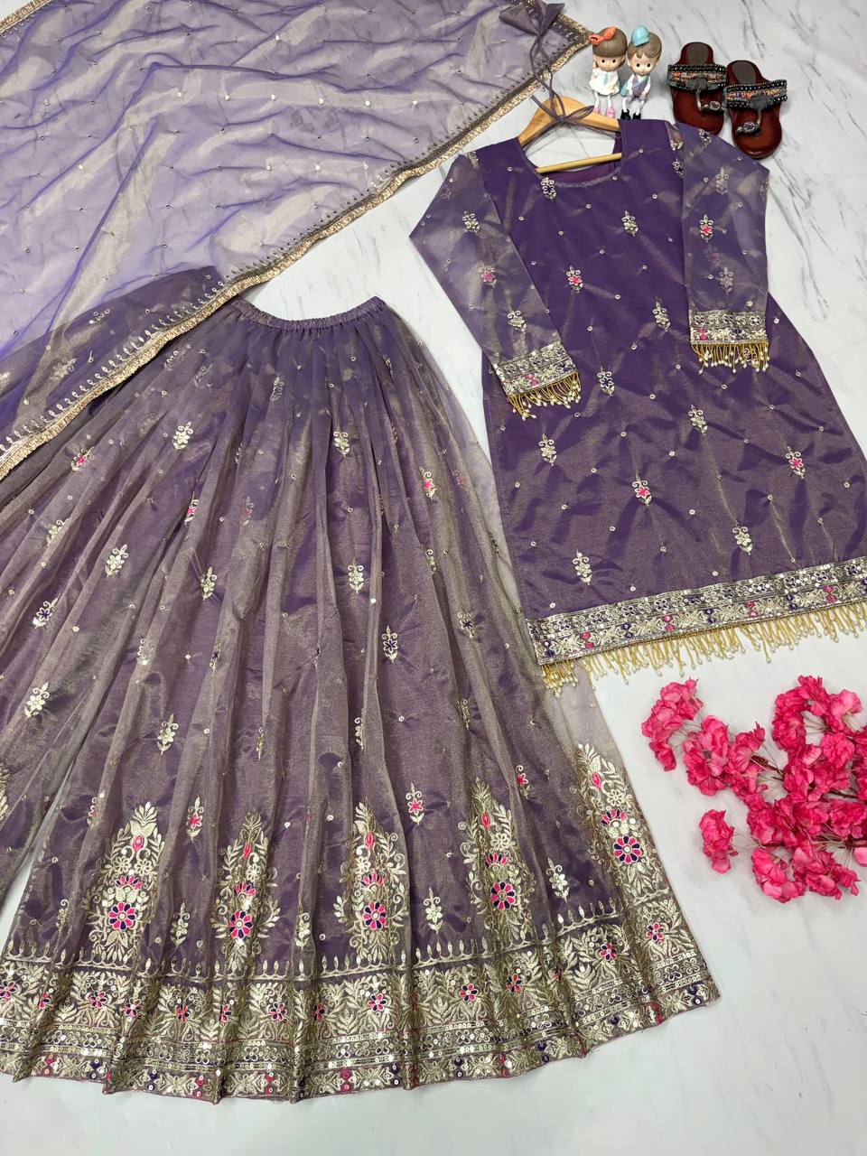 Pure Twill Gold net Top Palazzo with Dupatta