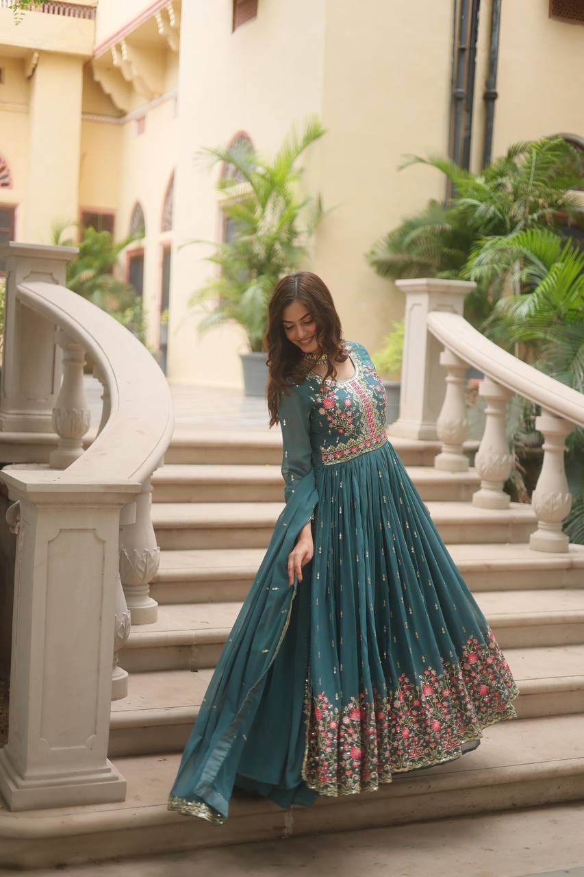"Elegant Faux Georgette Kurti, Sharara, and Dupatta Set with Sequins Embroidery"