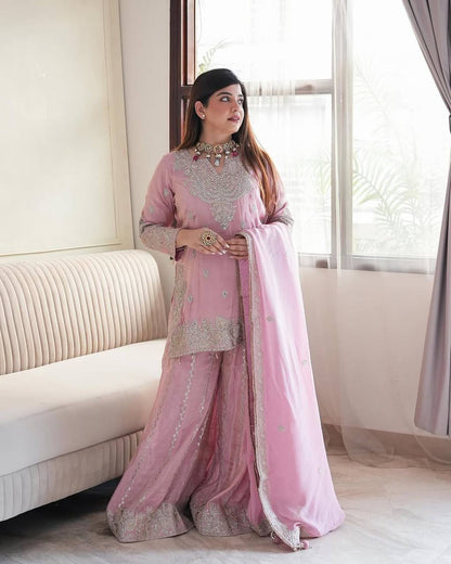 Heavy Chinon Silk with heavy embroidery sequence work Kurta Sharara with Dupatta