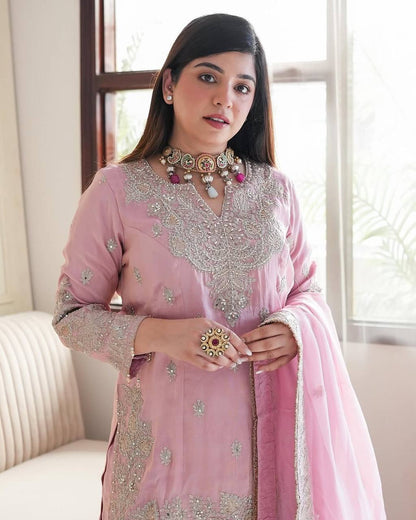 Chinnon silk kurta sharara with dupatta sets