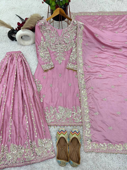 Heavy Chinon Silk with heavy embroidery sequence work Kurta Sharara with Dupatta