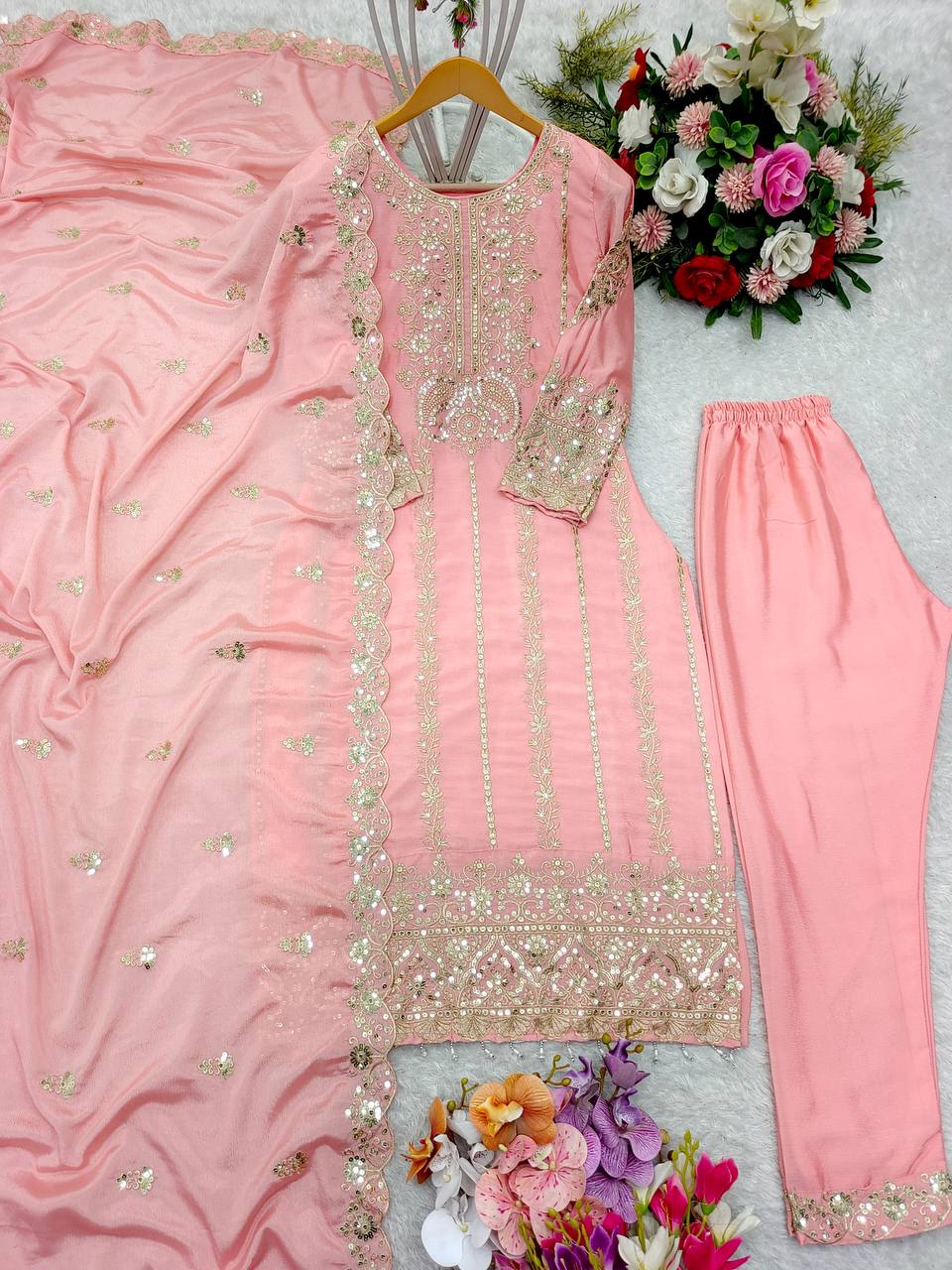 "Elegant Pure Cinon Silk Set with Heavy Embroidery & Sequence Work"