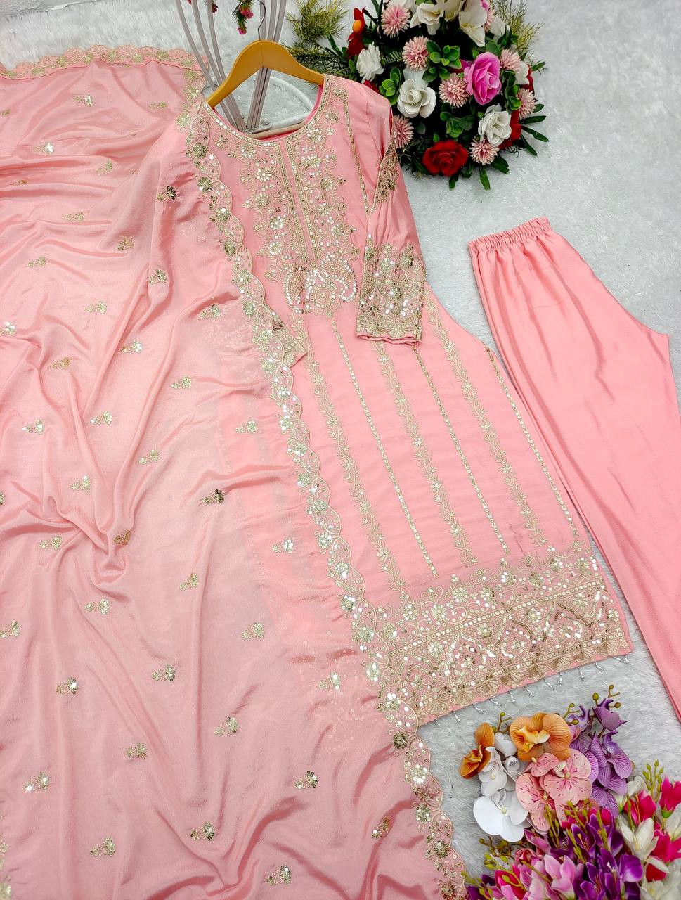 "Elegant Pure Cinon Silk Set with Heavy Embroidery & Sequence Work"