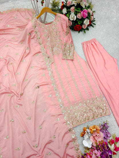 "Elegant Pure Cinon Silk Set with Heavy Embroidery & Sequence Work"