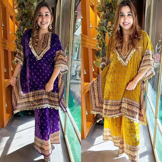 "Elegant Viscos Velvet Kaftan & Plazo Set with Digital Print"