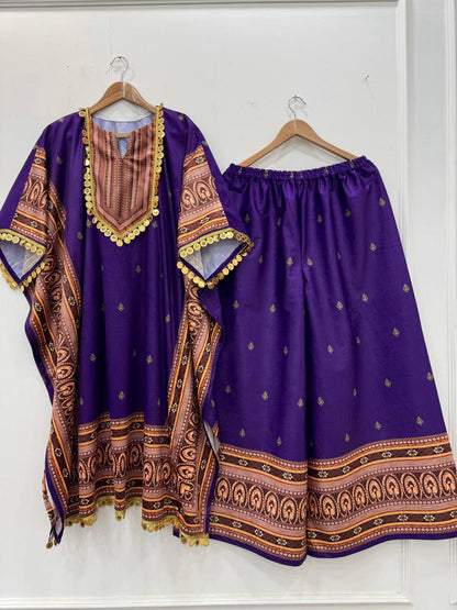 "Elegant Viscos Velvet Kaftan & Plazo Set with Digital Print"