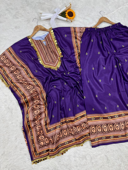 "Elegant Viscos Velvet Kaftan & Plazo Set with Digital Print"