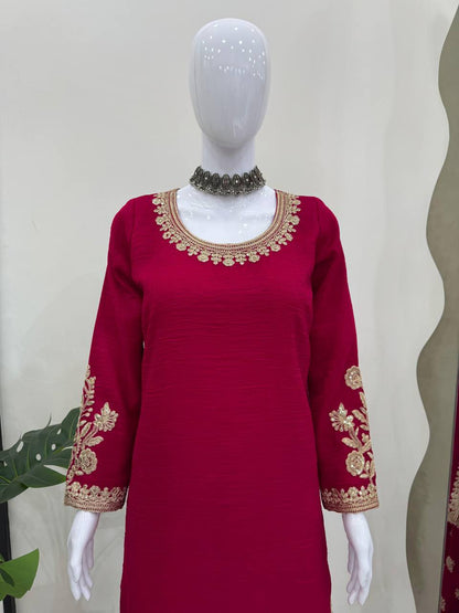 "Elegant Crunch Silk Ensemble with Coding Dori and Sequins"