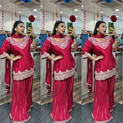 "Elegant Pure Chinnon Silk Sharara Set with Heavy Embroidery & Sequins"