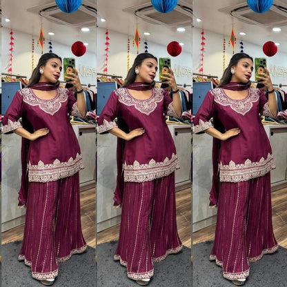 "Elegant Pure Chinnon Silk Sharara Set with Heavy Embroidery & Sequins"