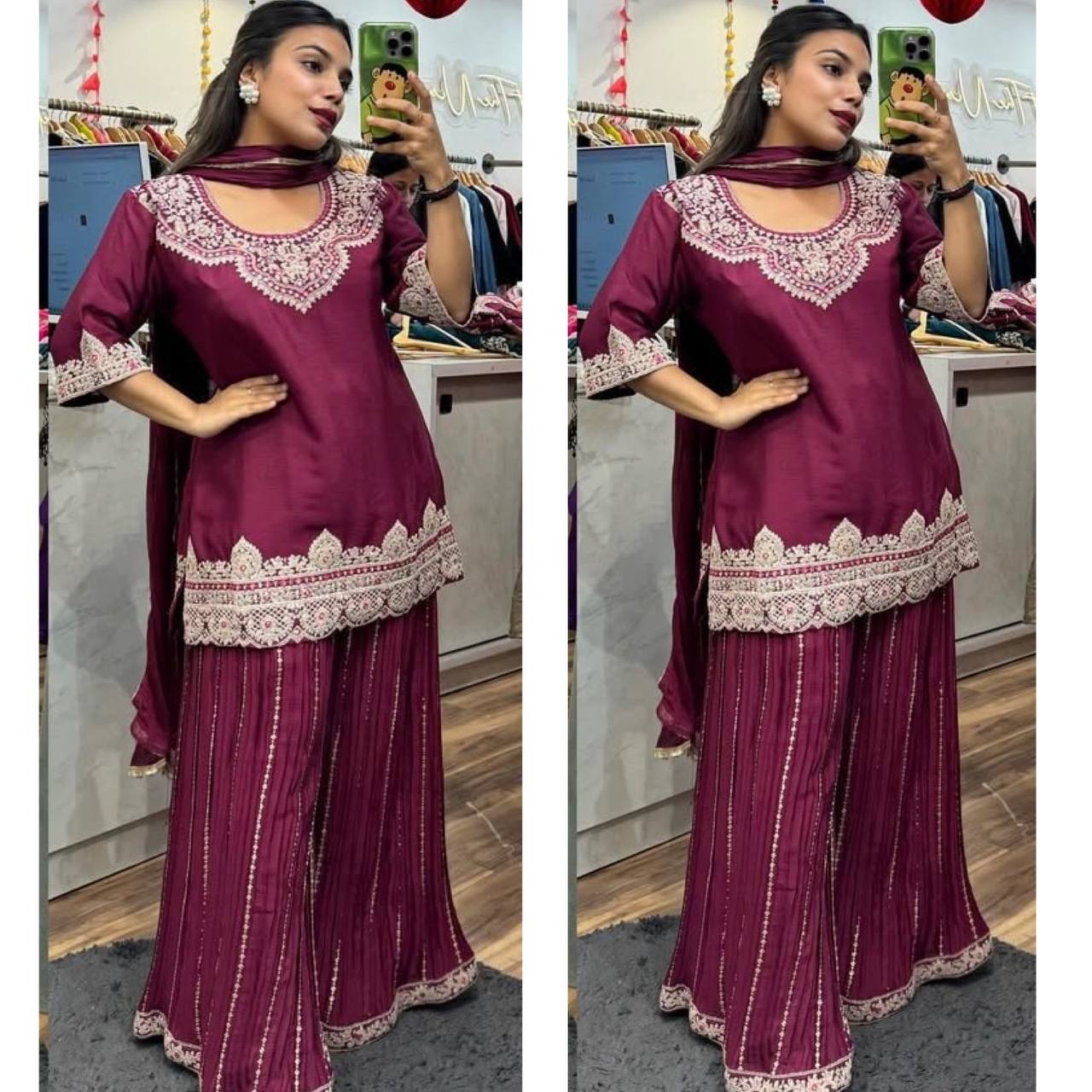 "Elegant Pure Chinnon Silk Sharara Set with Heavy Embroidery & Sequins"