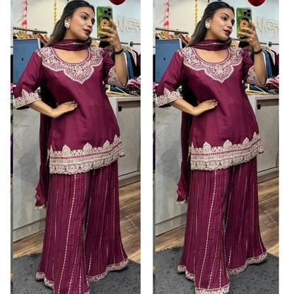"Elegant Pure Chinnon Silk Sharara Set with Heavy Embroidery & Sequins"