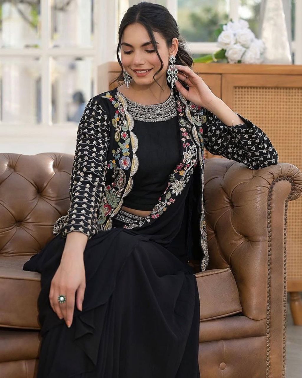 "Elegant Heavy Chinon Sarara Set with Embroidered Dupatta and Koti"