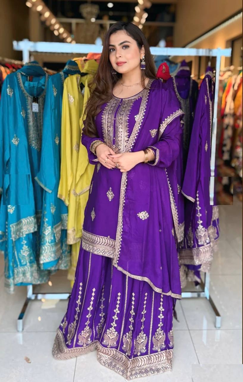 "Elegant Pure Cinon Silk Embroidered Top, Sarara, and Dupatta Set"