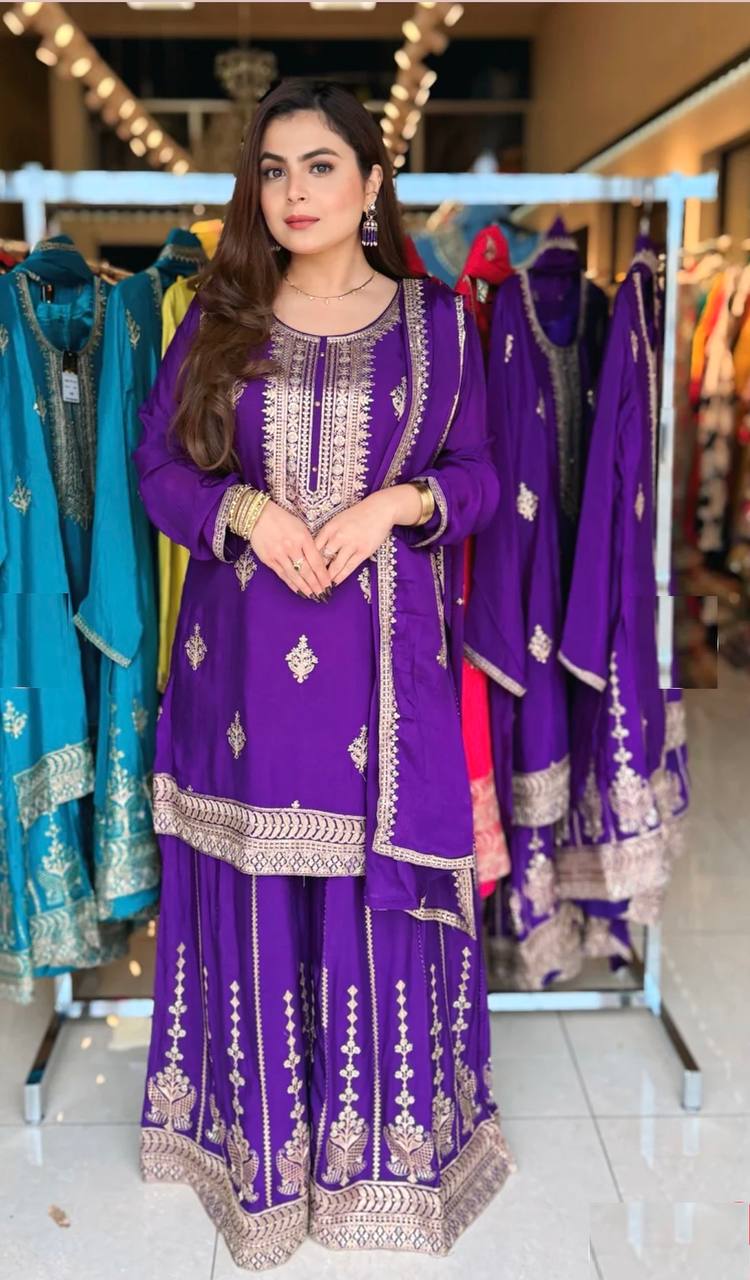 "Elegant Pure Cinon Silk Embroidered Top, Sarara, and Dupatta Set"