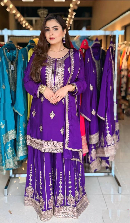 "Elegant Pure Cinon Silk Embroidered Top, Sarara, and Dupatta Set"
