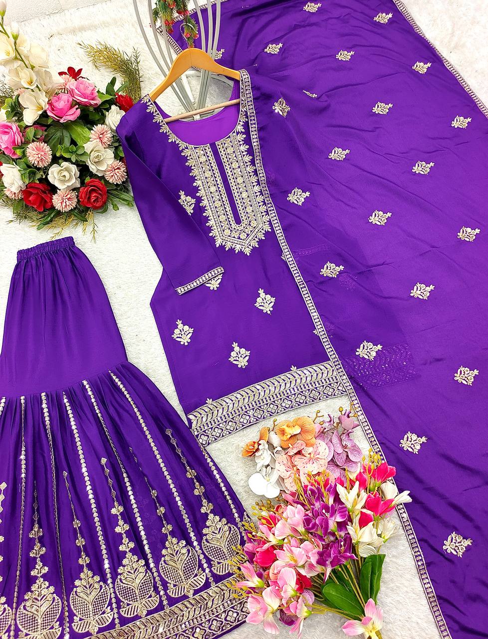 "Elegant Pure Cinon Silk Embroidered Top, Sarara, and Dupatta Set"