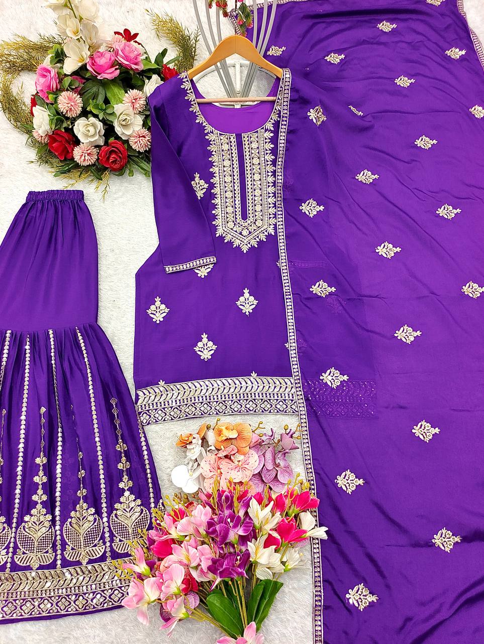 "Elegant Pure Cinon Silk Embroidered Top, Sarara, and Dupatta Set"