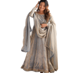 Fandy Silk Coding with Sequnce work Long Anarkali Kurti Gown With Dupatta For Women -Grey (M)
