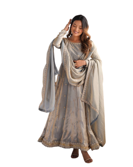 Fandy Silk Coding with Sequnce work Long Anarkali Kurti Gown With Dupatta For Women -Grey (M)